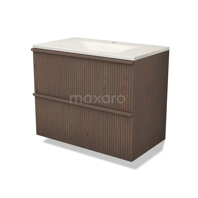 Modulo Plus Badkamermeubel met wastafel | 80 cm Cacao eik Ribbel front Solid surface 2 lades onder elkaar BMW17-05849 Modulo Plus Badkamermeubel met wastafel | 80 cm Cacao eik Ribbel front Solid surface 2 lades onder elkaar BMW17-05849