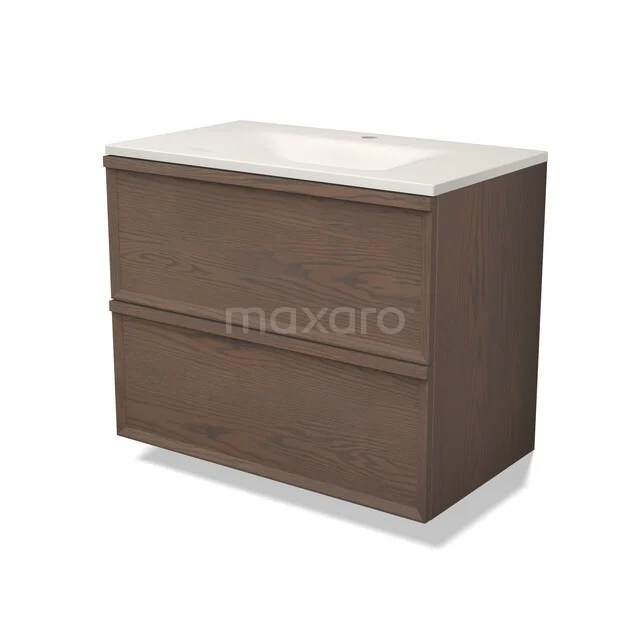 Modulo Plus Badkamermeubel met wastafel | 80 cm Cacao eik Facet front Solid surface 2 lades onder elkaar BMW17-05850 Modulo Plus Badkamermeubel met wastafel | 80 cm Cacao eik Facet front Solid surface 2 lades onder elkaar BMW17-05850