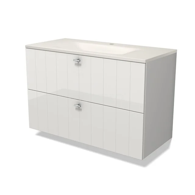 Modulo Badkamermeubel met wastafel | 100 cm Hoogglans wit Lamel front Solid surface 2 lades onder elkaar BMW17-05865 Modulo Badkamermeubel met wastafel | 100 cm Hoogglans wit Lamel front Solid surface 2 lades onder elkaar BMW17-05865