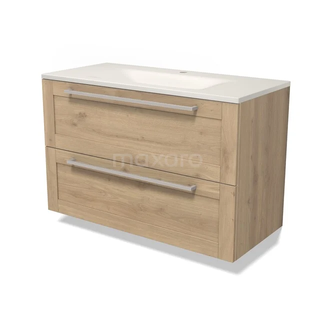 Modulo Badkamermeubel met wastafel | 100 cm Lichtbruin eiken Kader front Solid surface 2 lades onder elkaar BMW17-05880 Modulo Badkamermeubel met wastafel | 100 cm Lichtbruin eiken Kader front Solid surface 2 lades onder elkaar BMW17-05880