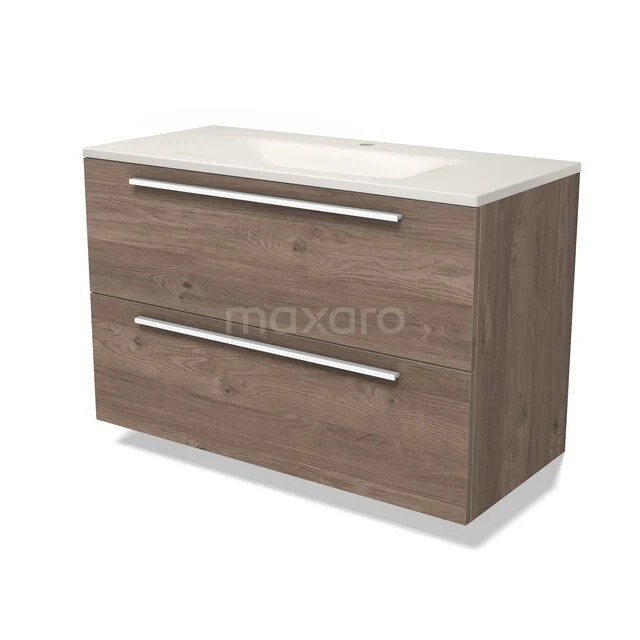 Modulo Badkamermeubel met wastafel | 100 cm Middenbruin eiken Vlak front Solid surface 2 lades onder elkaar BMW17-05881