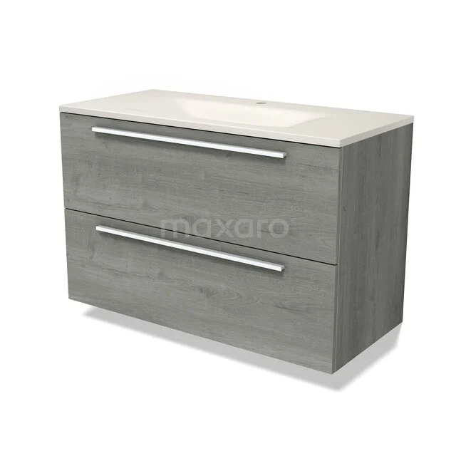 Modulo Badkamermeubel met wastafel | 100 cm Grijs eiken Vlak front Solid surface 2 lades onder elkaar BMW17-05885