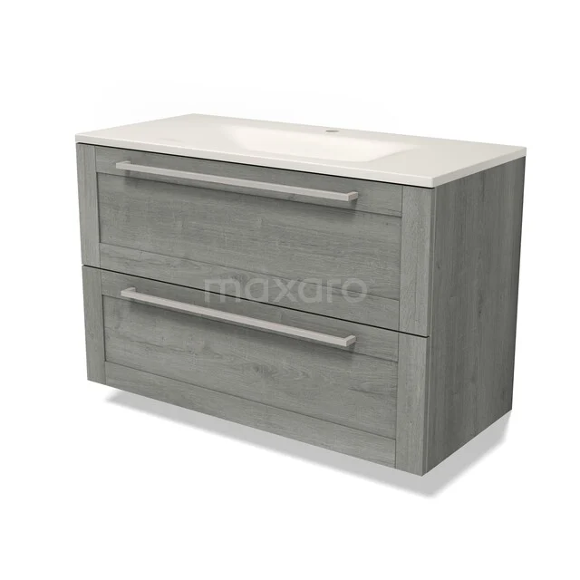 Modulo Badkamermeubel met wastafel | 100 cm Grijs eiken Kader front Solid surface 2 lades onder elkaar BMW17-05886