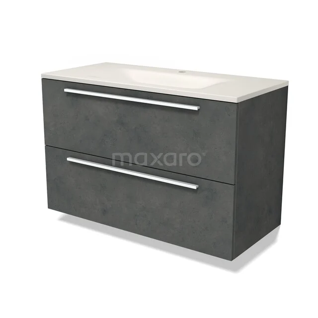 Modulo Badkamermeubel met wastafel | 100 cm Donkergrijs beton Vlak front Solid surface 2 lades onder elkaar BMW17-05888 Modulo Badkamermeubel met wastafel | 100 cm Donkergrijs beton Vlak front Solid surface 2 lades onder elkaar BMW17-05888