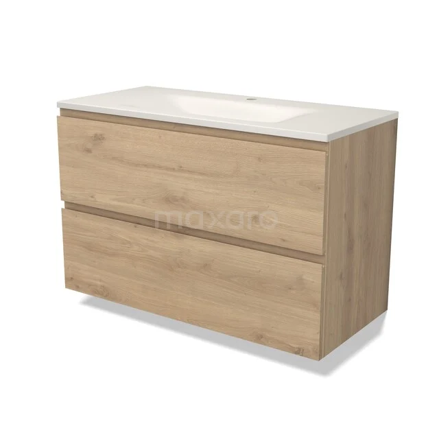 Modulo Badkamermeubel met wastafel | 100 cm Lichtbruin eiken Greeploos front Solid surface 2 lades onder elkaar BMW17-05889