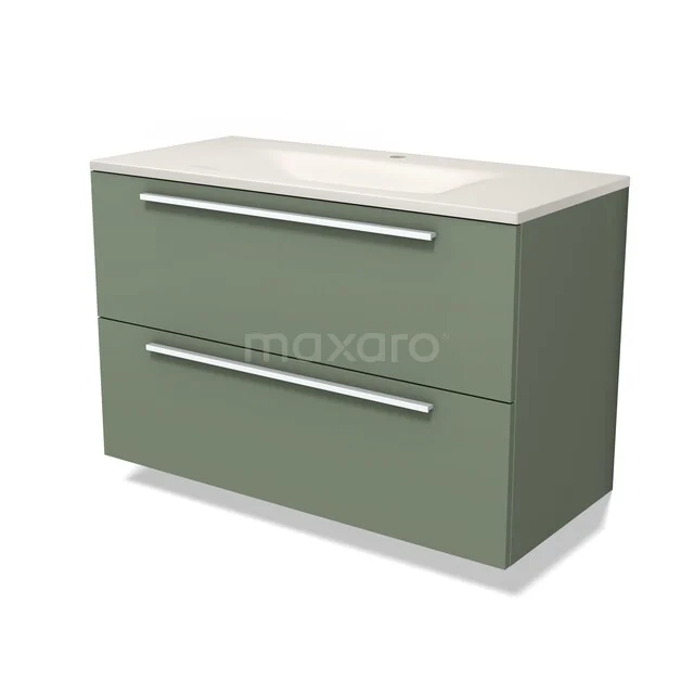 Modulo Badkamermeubel met wastafel | 100 cm Saliegroen Vlak front Solid surface 2 lades onder elkaar BMW17-05894
