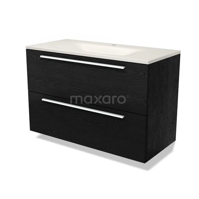 Modulo Badkamermeubel met wastafel | 100 cm Zwart eiken Vlak front Solid surface 2 lades onder elkaar BMW17-05896 Modulo Badkamermeubel met wastafel | 100 cm Zwart eiken Vlak front Solid surface 2 lades onder elkaar BMW17-05896