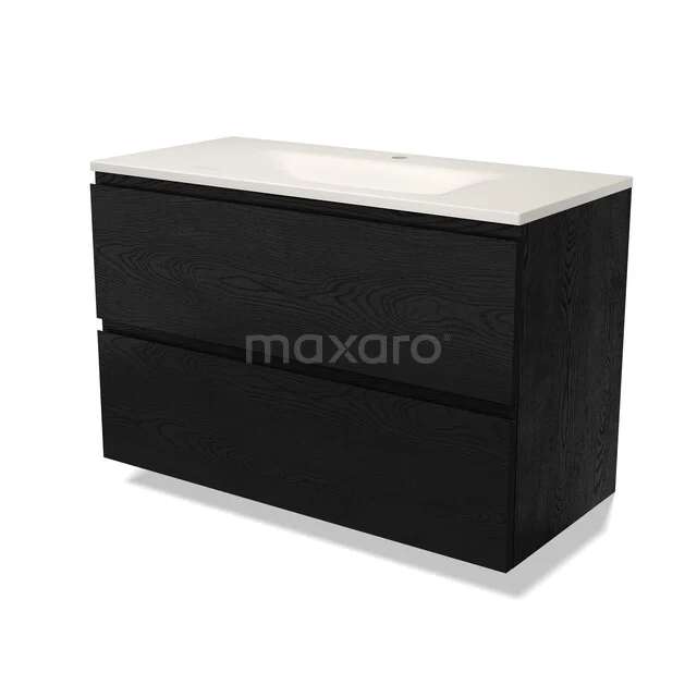 Modulo Badkamermeubel met wastafel | 100 cm Zwart eiken Greeploos front Solid surface 2 lades onder elkaar BMW17-05897