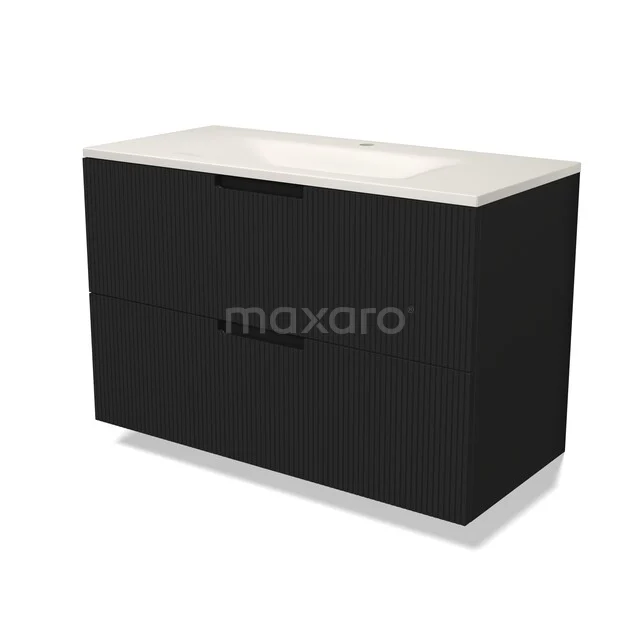 Modulo Badkamermeubel met wastafel | 100 cm Mat zwart Lijn front Solid surface 2 lades onder elkaar BMW17-05901