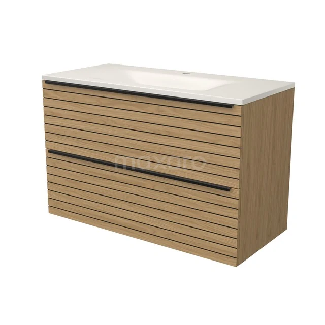Modulo Badkamermeubel met wastafel | 100 cm Naturel fineer Strook front Solid surface 2 lades onder elkaar BMW17-05904