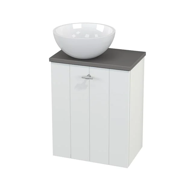 White wooden bathroom unit with grey worktop and ceramic vanity units with basin, ideal for modern bathrooms.