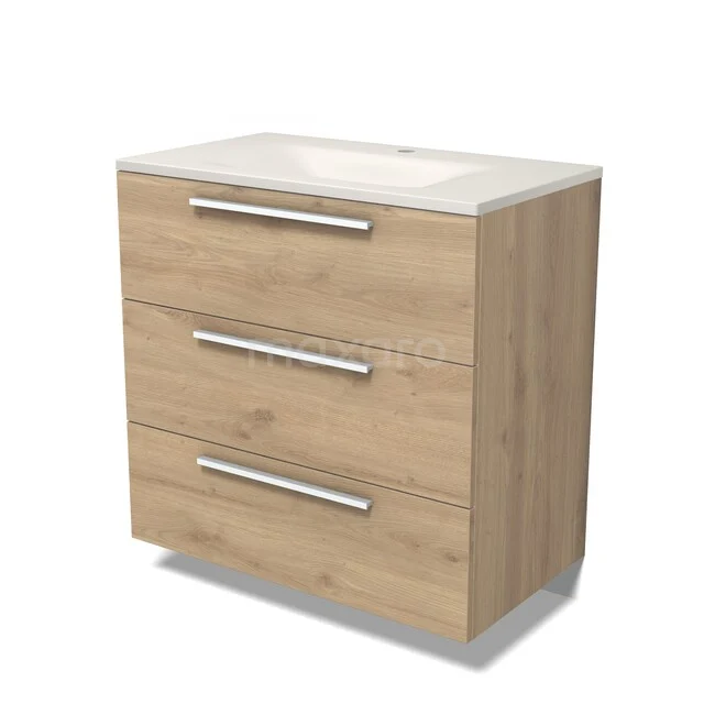 Modulo Badkamermeubel met wastafel | 80 cm Lichtbruin eiken Vlak front Solid surface 3 lades BMW19-03064 Modulo Badkamermeubel met wastafel | 80 cm Lichtbruin eiken Vlak front Solid surface 3 lades BMW19-03064