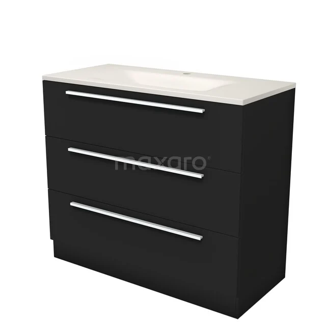 Modulo Badkamermeubel met wastafel | 100 cm Mat zwart Vlak front Solid surface 3 lades staand BMW19S-00678 Modulo Badkamermeubel met wastafel | 100 cm Mat zwart Vlak front Solid surface 3 lades staand BMW19S-00678