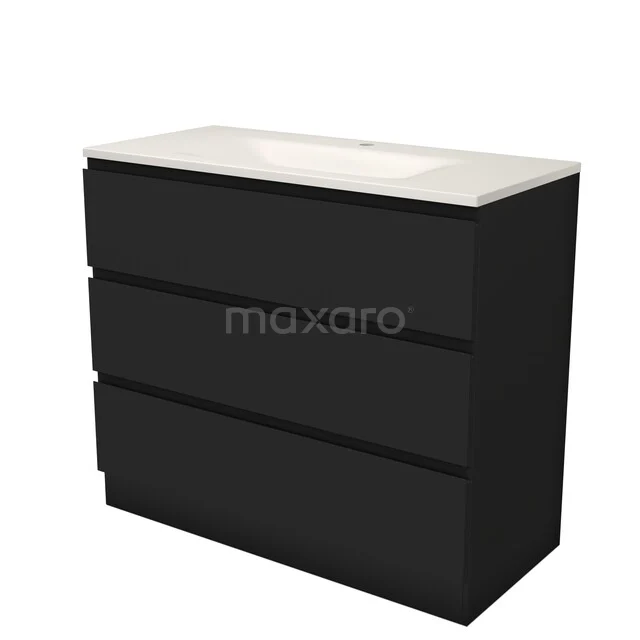 Modulo Badkamermeubel met wastafel | 100 cm Mat zwart Greeploos front Solid surface 3 lades staand BMW19S-00679 Modulo Badkamermeubel met wastafel | 100 cm Mat zwart Greeploos front Solid surface 3 lades staand BMW19S-00679