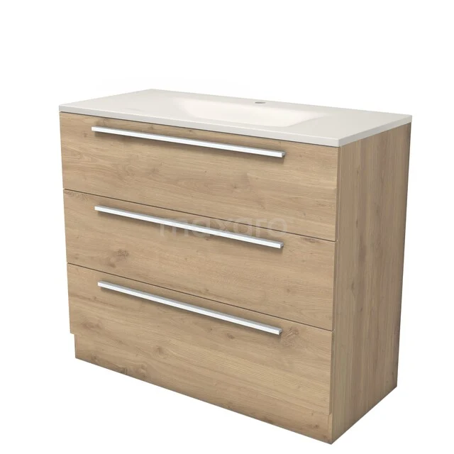 Modulo Bathroom furniture with sink | 100 cm Light brown oak Flat front Solid surface 3 standing drawers BMW19S-00682 Modulo Bathroom furniture with sink | 100 cm Light brown oak Flat front Solid surface 3 standing drawers BMW19S-00682