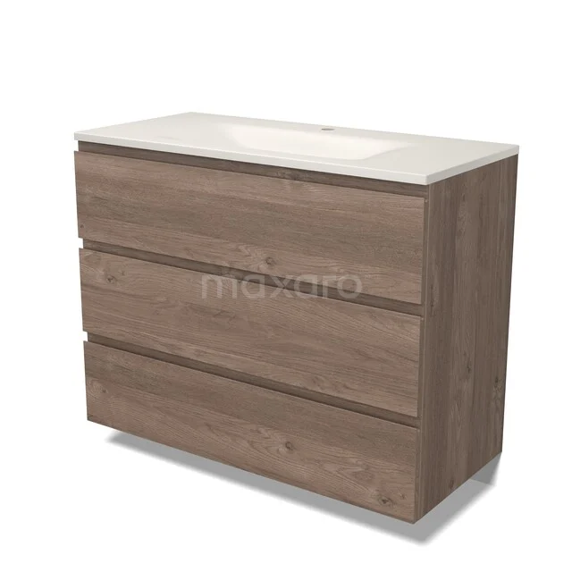 Modulo Badkamermeubel met wastafel | 100 cm Middenbruin eiken Greeploos front Solid surface 3 lades BMW19-03097 Modulo Badkamermeubel met wastafel | 100 cm Middenbruin eiken Greeploos front Solid surface 3 lades BMW19-03097