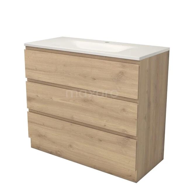 Modulo Badkamermeubel met wastafel | 100 cm Lichtbruin eiken Greeploos front Solid surface 3 lades staand BMW19S-00683 Modulo Badkamermeubel met wastafel | 100 cm Lichtbruin eiken Greeploos front Solid surface 3 lades staand BMW19S-00683