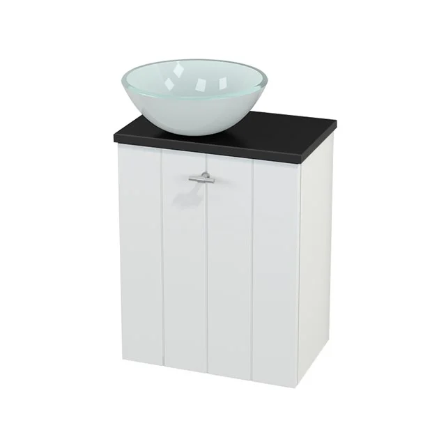 White bathroom cabinet with vertical panels, black worktop and round white basin; compact design perfect for small bathrooms.