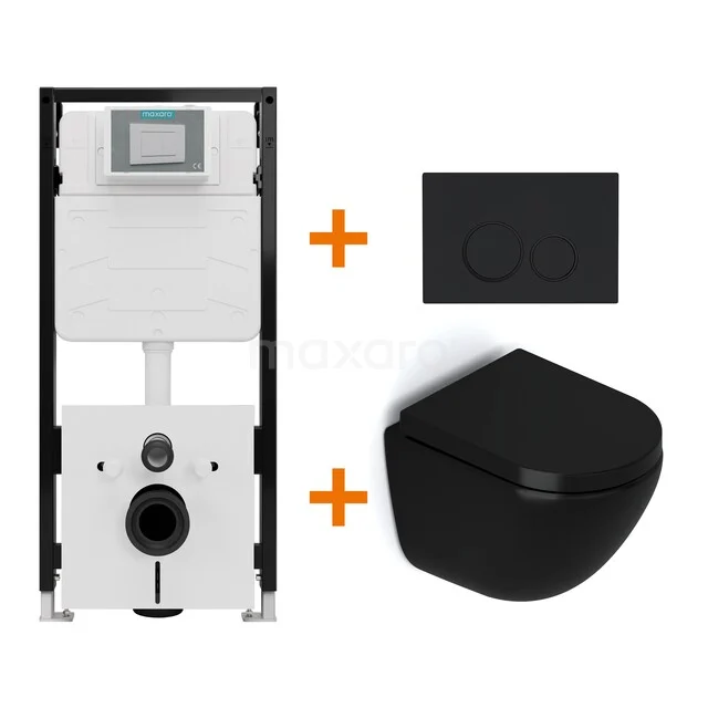 Toiletsets Mat zwart zonder Spoelrand + Maxaro Flush Pro inbouwreservoir met geluidsisolatie TOI4621
