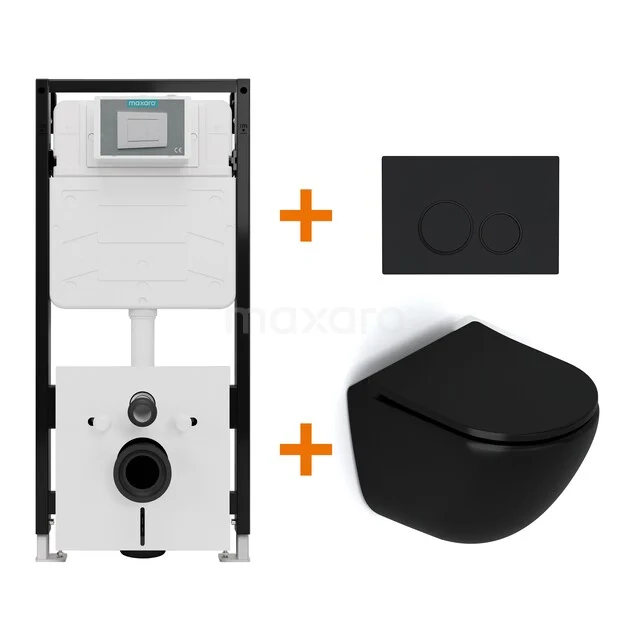 Toiletsets Mat zwart zonder Spoelrand + Maxaro Flush Pro inbouwreservoir met geluidsisolatie TOI4622