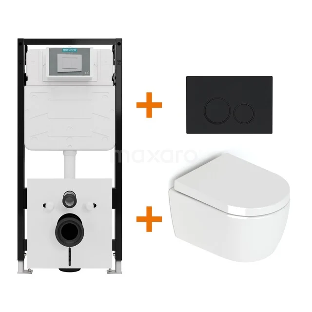 Toiletsets Hoogglans wit zonder Spoelrand + Maxaro Flush Slim Pro inbouwreservoir met geluidsisolatie TOI4636