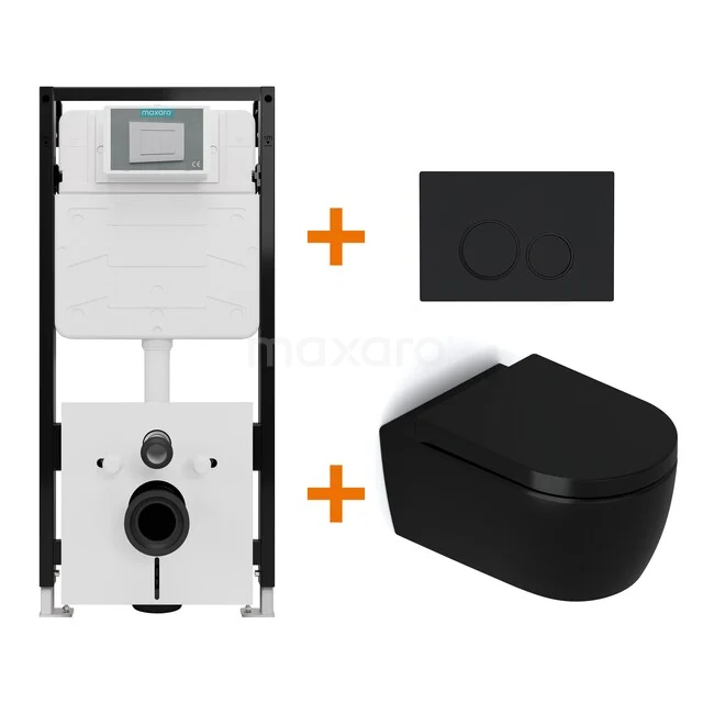 Toiletsets Mat zwart zonder Spoelrand + Maxaro Flush Slim Pro inbouwreservoir met geluidsisolatie TOI4642