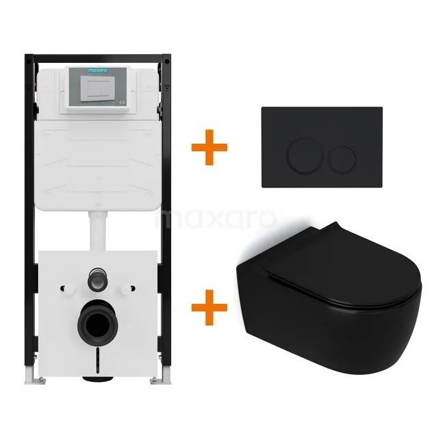 Toiletsets Mat zwart zonder Spoelrand + Maxaro Flush Slim Pro inbouwreservoir met geluidsisolatie TOI4643 Toiletsets Mat zwart zonder Spoelrand + Maxaro Flush Slim Pro inbouwreservoir met geluidsisolatie TOI4643