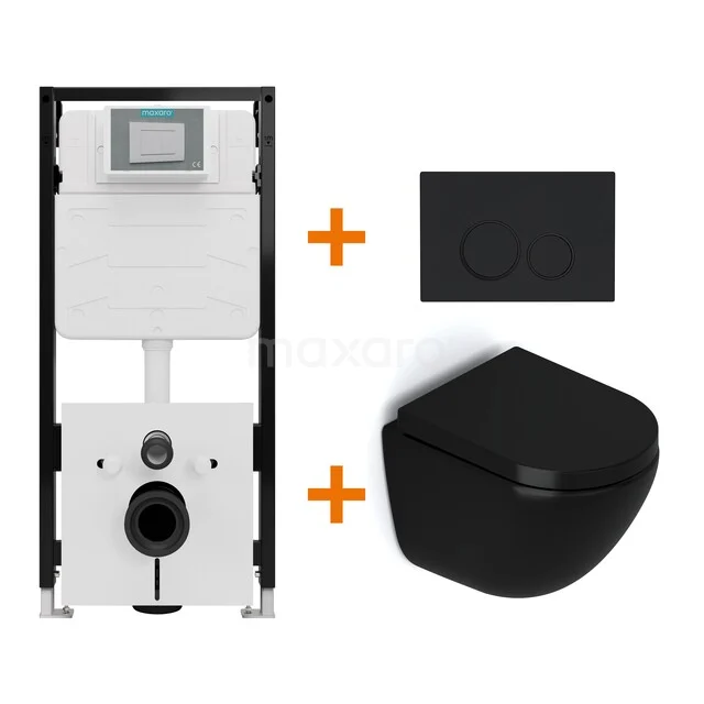 Toiletsets Mat zwart zonder Spoelrand + Maxaro Flush Slim Pro inbouwreservoir met geluidsisolatie TOI4656 Toiletsets Mat zwart zonder Spoelrand + Maxaro Flush Slim Pro inbouwreservoir met geluidsisolatie TOI4656