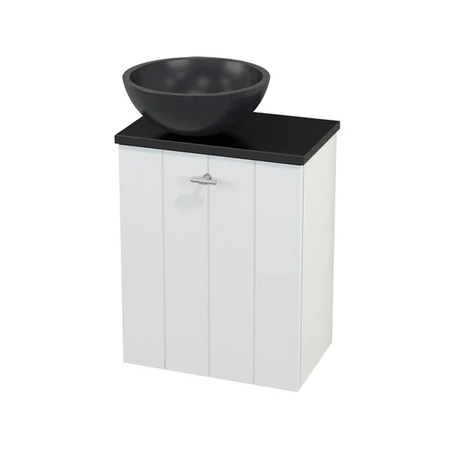 White bathroom unit with vertical panels, black worktop and round countertop wash basin, ideal for stylish bathroom design.