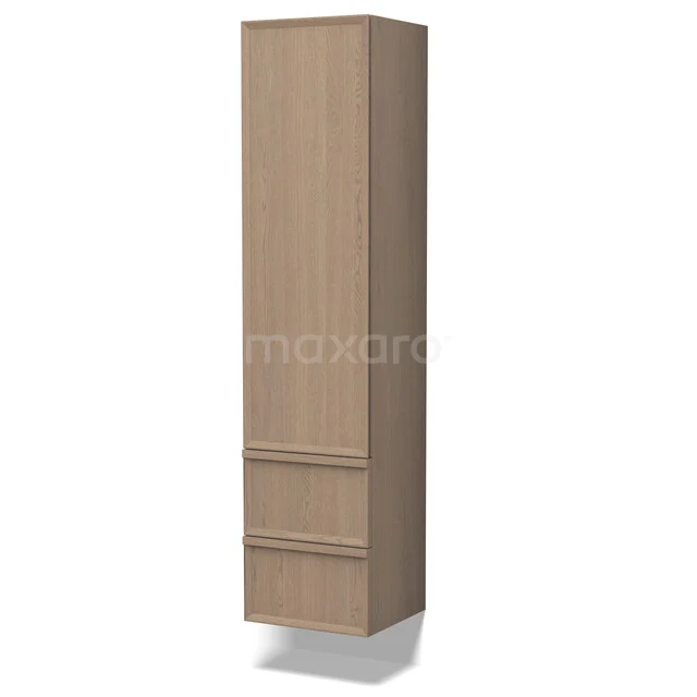 Slanke, houten badkamerkast in lichte eik met twee lades voor optimale opbergruimte. Perfect voor een moderne badkamer.