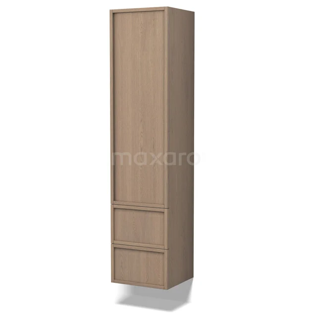 Lungo Plus Bathroom cabinet | 170 cm Natural oak Framework fronts 3 compartments + 2 drawers BKK10-00081 Smalle badkamerkast in licht hout met twee lades, ideaal voor extra opbergruimte in de moderne badkamer.
