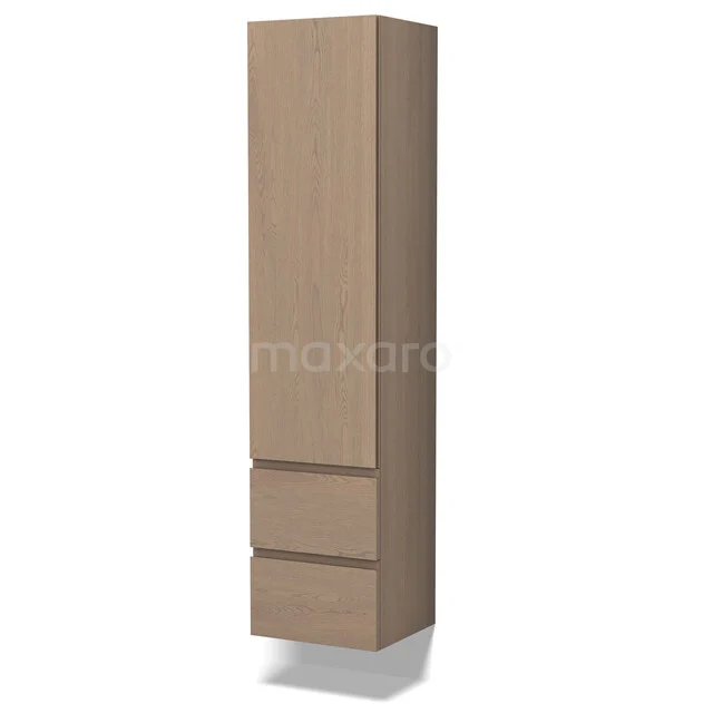 Lungo Plus Bathroom cabinet | 170 cm Natural oak Handle-less fronts 3 compartments + 2 drawers BKK10-00084 Hoge, moderne badkamerkast in lichtbruin hout met twee laden en een deur, perfect voor extra opslagruimte.