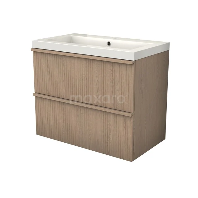 Modulo Plus Badkamermeubel met wastafel | 80 cm Naturel eik Ribbel front Mineraalmarmer 2 lades onder elkaar BMW47-00019
