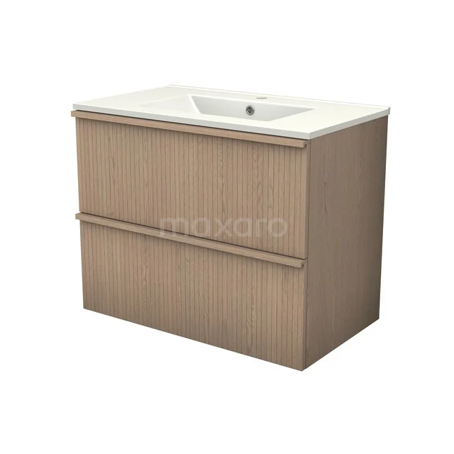 Modulo Plus Badkamermeubel met wastafel | 80 cm Naturel eik Ribbel front Keramiek 2 lades onder elkaar BMW47-00029