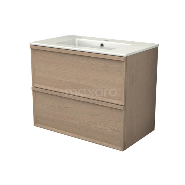 Modulo Plus Badkamermeubel met wastafel | 80 cm Naturel eik Facet front Keramiek 2 lades onder elkaar BMW47-00033