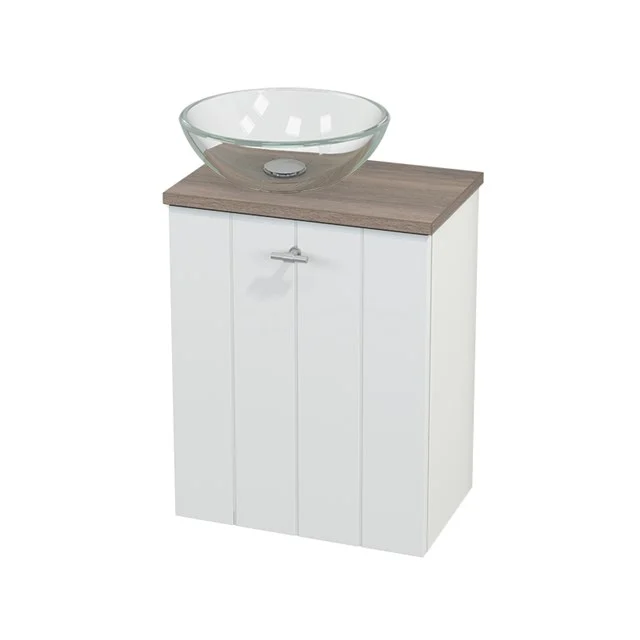 Weißes Badezimmermöbel mit Holzplatte und Glas-Aufsatzwaschbecken, kompaktes Design mit Aufbewahrungsschrank, ideal für moderne Bäder.