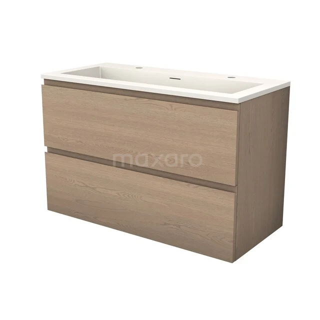 Modulo Plus Badkamermeubel met wastafel | 100 cm Naturel eik Greeploos front Solid surface 2 lades onder elkaar BMW47-00090