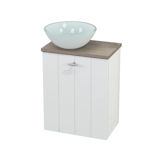 Weißer Holz-Badschrank mit hellbrauner Platte und gläsernem schalenförmigen Waschbecken, ideal für einen modernen Badezimmerstil.