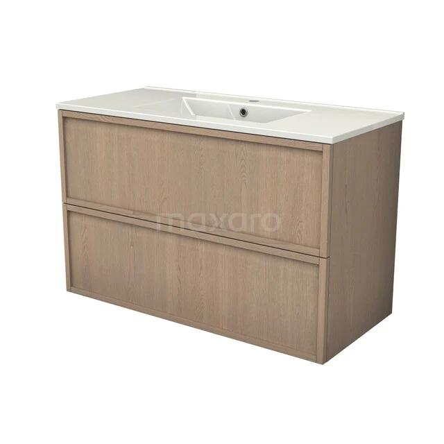 Modulo Plus Badkamermeubel met wastafel | 100 cm Naturel eik Frame front Keramiek 2 lades onder elkaar BMW47-00160 Modulo Plus Badkamermeubel met wastafel | 100 cm Naturel eik Frame front Keramiek 2 lades onder elkaar BMW47-00160