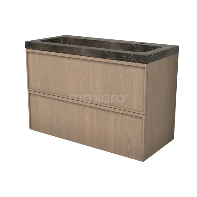 Modulo Plus Badkamermeubel met wastafel | 100 cm Naturel eik Lijst front Natuursteen 2 lades onder elkaar BMW47-00176