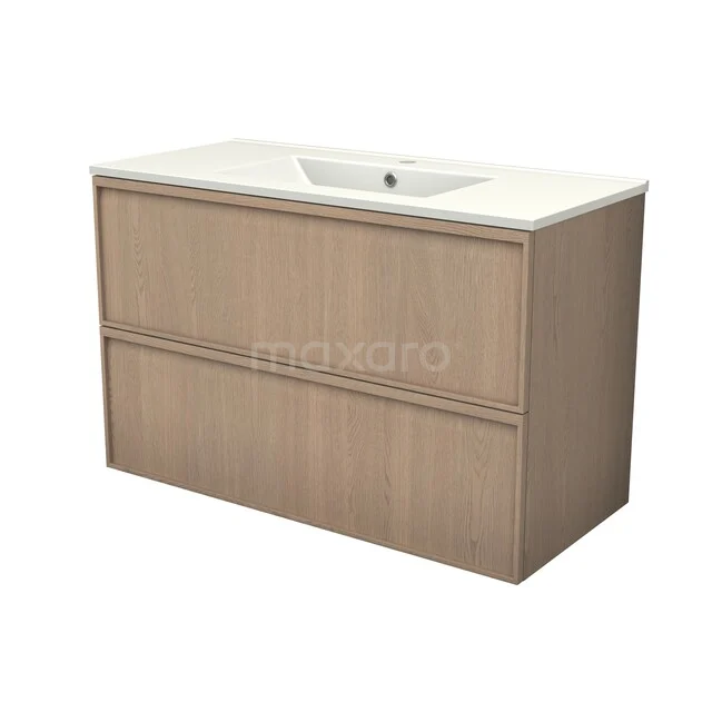 Modulo Plus Badkamermeubel met wastafel | 100 cm Naturel eik Lijst front Keramiek 2 lades onder elkaar BMW47-00182