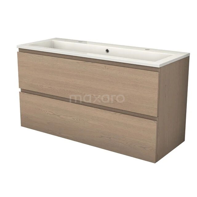 Modulo Plus Badkamermeubel met wastafel | 120 cm Naturel eik Greeploos front Mineraalmarmer 2 lades onder elkaar BMW47-00189