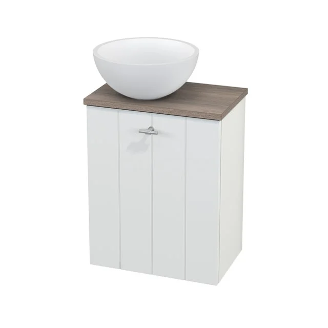Toilet unit with Countertop wash basin Solid Surface Mat Modulo+ Pico Matte White 41cm BMC000166 White wooden Bathroom cabinet with brown wooden top and round white countertop wash basin, ideal for stylish bathroom decor.