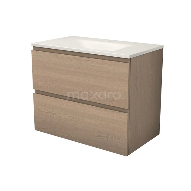 Moderne wastafelmeubel in licht eikenhout met twee lades en een wit composietblad, ideaal voor een stijlvolle badkamer.