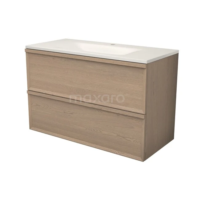Modulo Plus Waschtische | 100 cm Natürliche Eiche Gesichtspunkt front Solid Surface 2 übereinanderliegende Schubladen BMW47-00778 Moderne Waschtisch in hellen Eichenholz mit zwei Schubladen und einer weißen Steinplatte, perfekt für ein stilvolles Badezimmer.