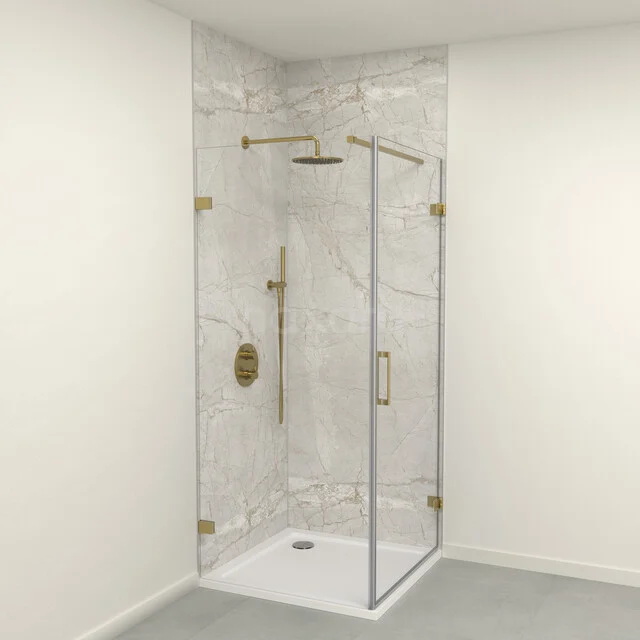 SPC wandpanelen set | 90x90x260 cm | Prosecco marmer WP01-2609-07-01 Moderne inloopdouche met glazen wanden, gouden accenten en marmeren tegelvloer, ideaal voor een luxe badkamerstijl.