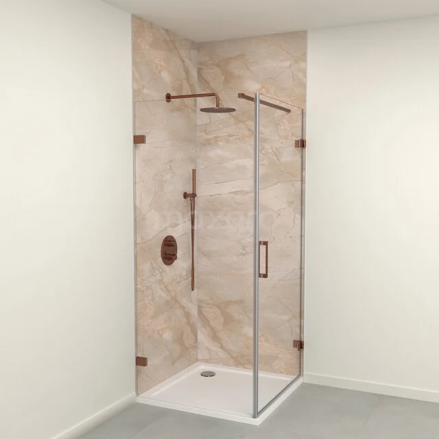 SPC wall panel set | 90x90x260 cm | Rose marble WP01-2609-08-01 Moderne glazen douchecabine met bronzen accenten en keramische wandtegel in warme tinten, perfect voor een luxe badkamer.