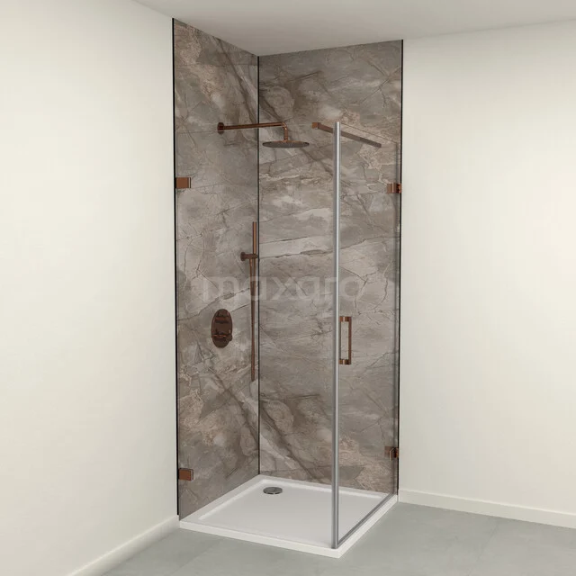 SPC wall panel set | 90x90x260 cm | Caffè marble WP01-2609-09-01 Moderne douchecabine met glazen wand en marmerlook tegels, ideaal voor een stijlvolle badkamer.