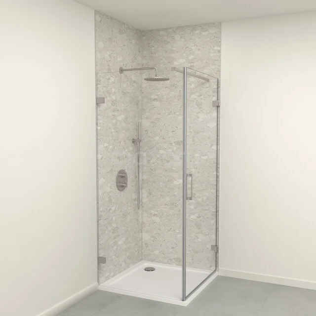 Moderne douchecabine met helder glas en een wit kunststof douchebak, perfect voor stijlvolle badkamers.