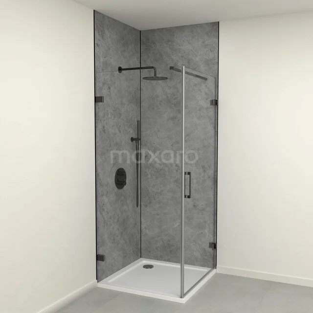 SPC wall panel set | 90x90x260 cm | Tundra dark grey WP01-2609-12-01 Moderne inloopdouche met glazen wand en grijze tegelafwerking, ideaal voor een stijlvolle badkamerinrichting.